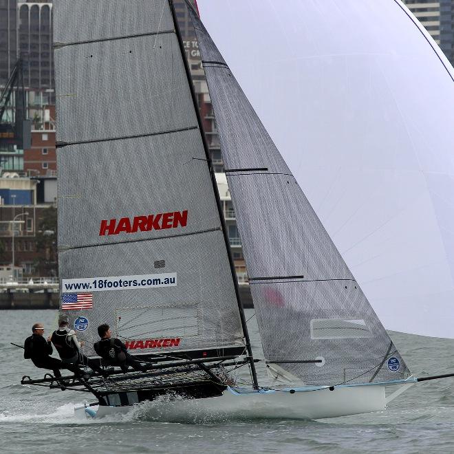 Harken (USA) led the fleet to the wing mark - JJ Giltinan 18ft Skiff Championship © Frank Quealey /Australian 18 Footers League http://www.18footers.com.au